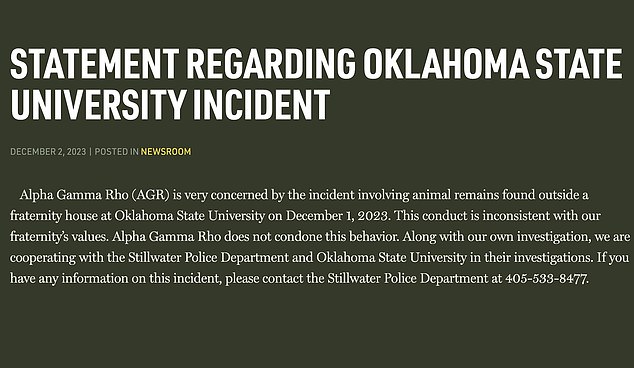 Alpha Gamma Rho released a statement condemning the incident a day after a dead Longhorn was found on the lawn of another fraternity