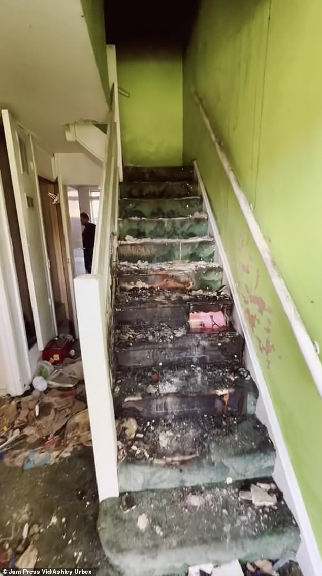 The video, which has been viewed more than 475,000 times, showed a staircase covered in rubble and broken concrete