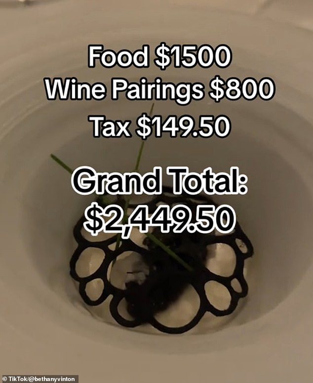 She then revealed the total cost of their expensive dining experience, which was $2,449.50