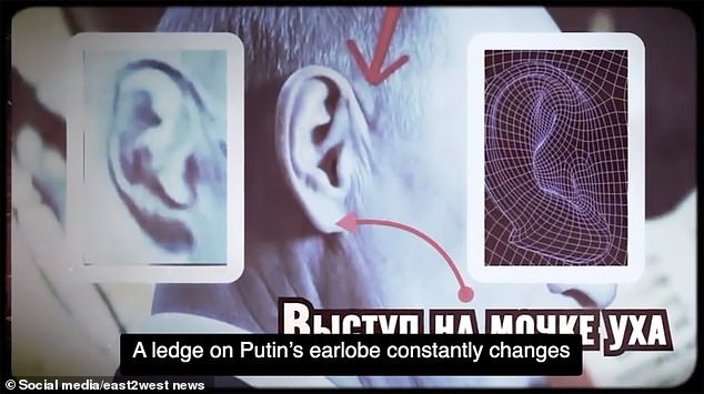 A sample of a video promoting the theory that Putin uses look-alikes for trips he doesn't want to make, noting that a ridge on Putin's earlobe 