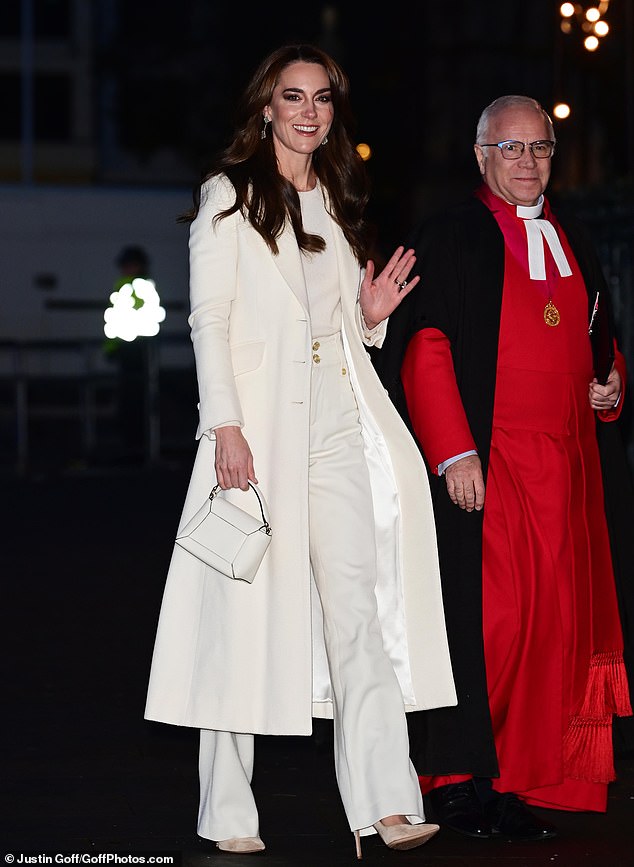 The Princess of Wales waves as she arrives for the service at Westminster Abbey today