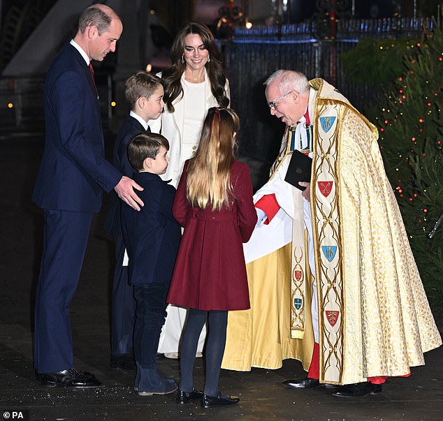 Prince Louis greeted the Dean of Westminster, David Hoyle, graciously with a firm handshake upon his arrival