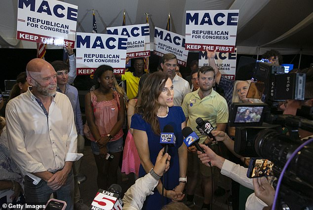 Representative Nancy Mace talks to the media after winning the Republican Party primary in South Carolina on June 14, 2022