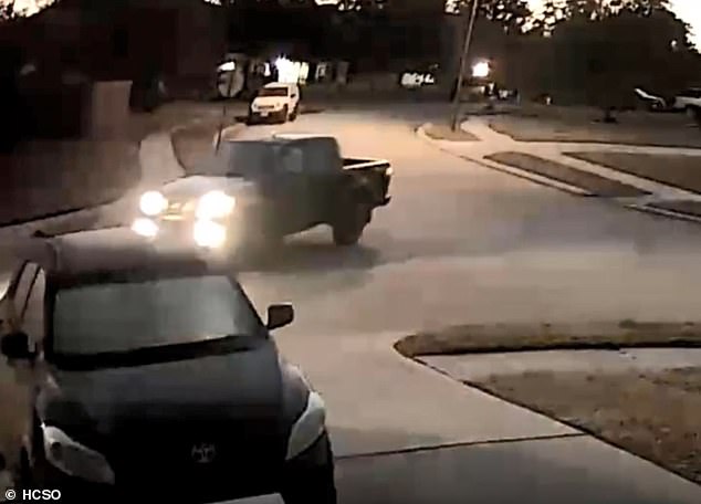 The pickup truck (pictured) was captured on a nearby surveillance camera shortly before Sergio left for work.  Investigators believe the shooter may have waited until he left to make sure Barraza was alone