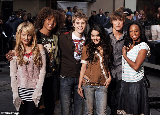 The trio most notably starred in the High School Musical franchise;  (from left to right: Ashley Tisdale, Corbin Bleu, Lucas Grabeel, Vanessa Hudgens, Zac Efron and Monique Coleman);  seen in 2006