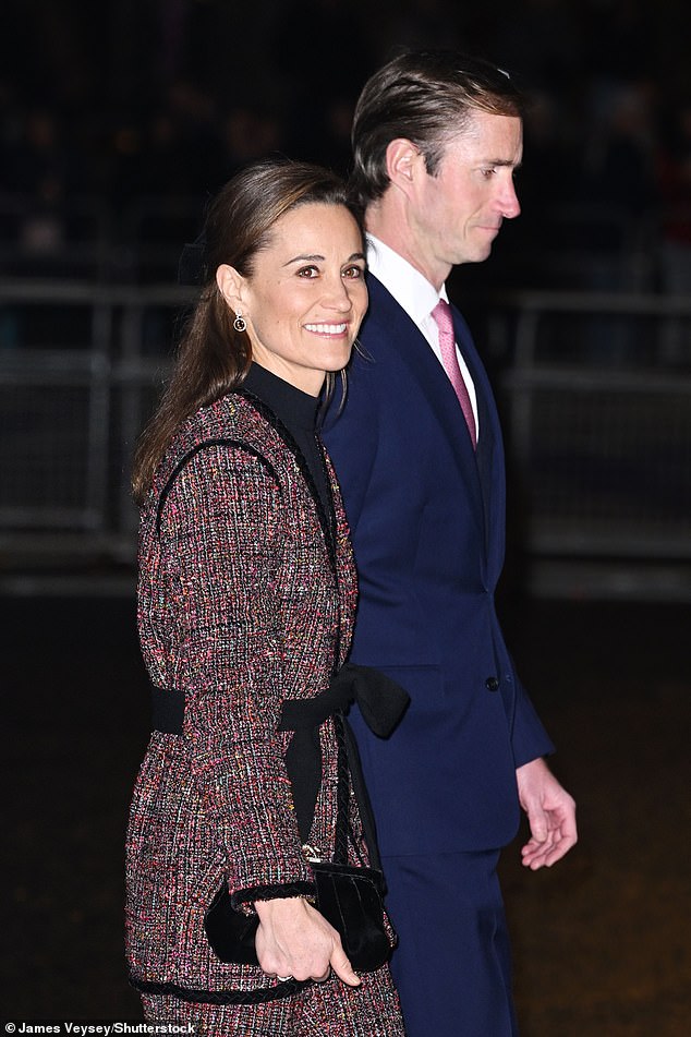 The younger sister of Princess of Wales looked festive in a colorful £450 Saloni tweed suit, which was trimmed and lined with luxurious velvet, as she stepped out to attend the Together At Christmas service on Friday evening.