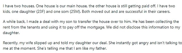 Her daughter is extremely angry with her mother about the deal and keeps it a secret, telling her that her mother is 'just like her father'