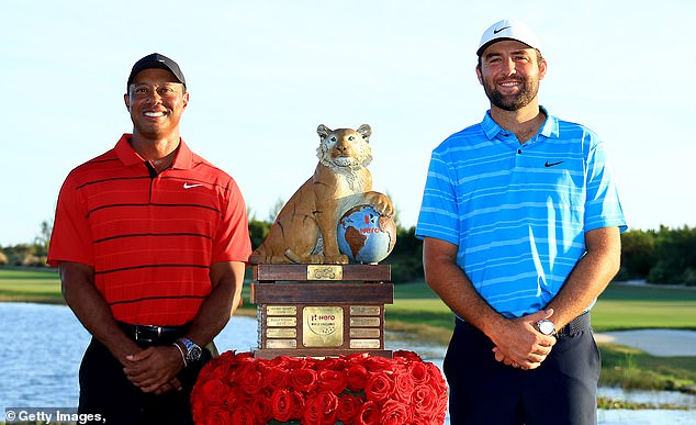 Woods finished 18th at the event in the Bahamas.  Pictured with winner Scottie Scheffler