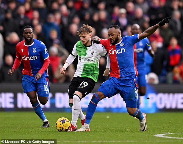 The Palace forward was sent off for a foul on Harvey Elliot near the halfway line at Selhurst Park