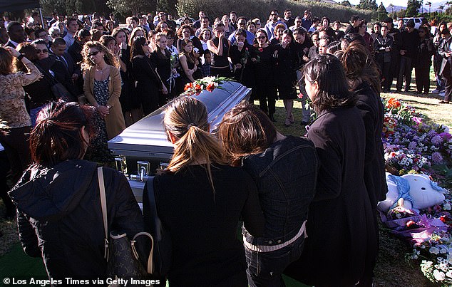 In the aftermath, father Kevin Wilson said: 'She was a bubbly, lively, outgoing child.'  Pictured: Friends gathered at her funeral in 2003