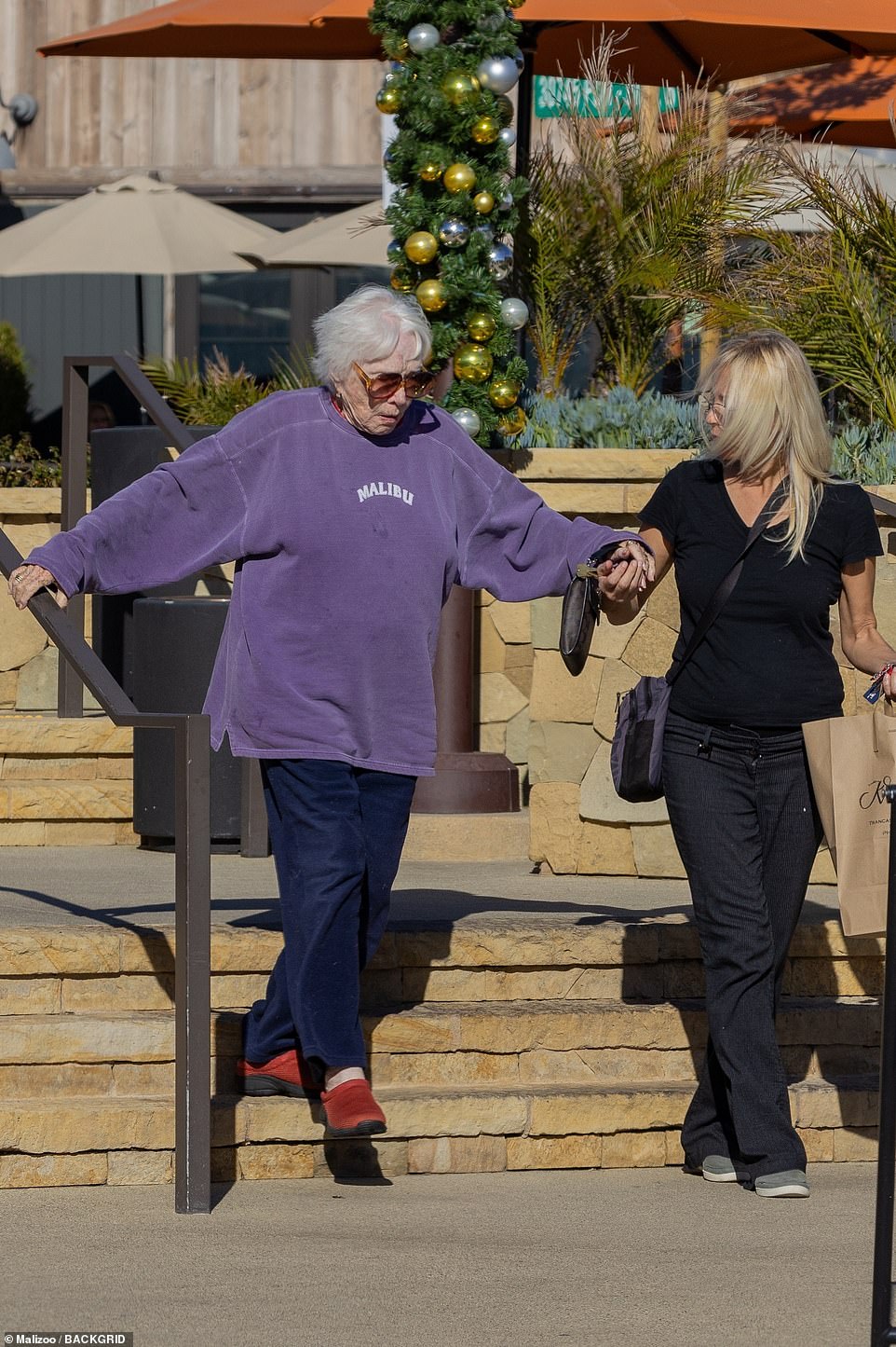 Leaving: MacLaine and her friend left hand in hand as they descended a small flight of stairs