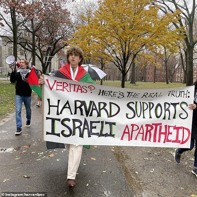 Harvard students are seen at a pro-Palestine rally after the Hamas attacks in October