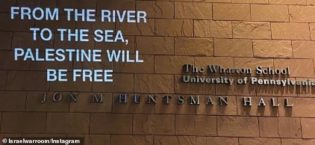 One message burst across the John M. Huntsman Hall, reading: “From the river to the sea, Palestine will be free.”