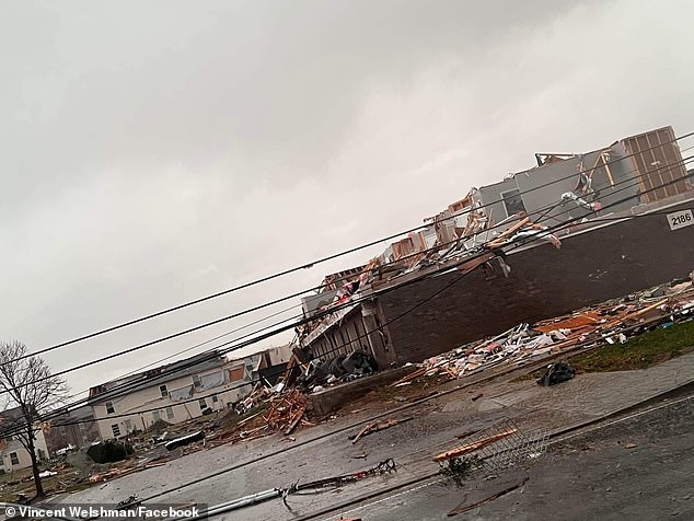 Tornado damage in a neighborhood in Clarksville, Tennessee