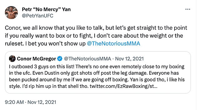 Yan has previously slammed McGregor on social media after the Irishman said he would tear him apart