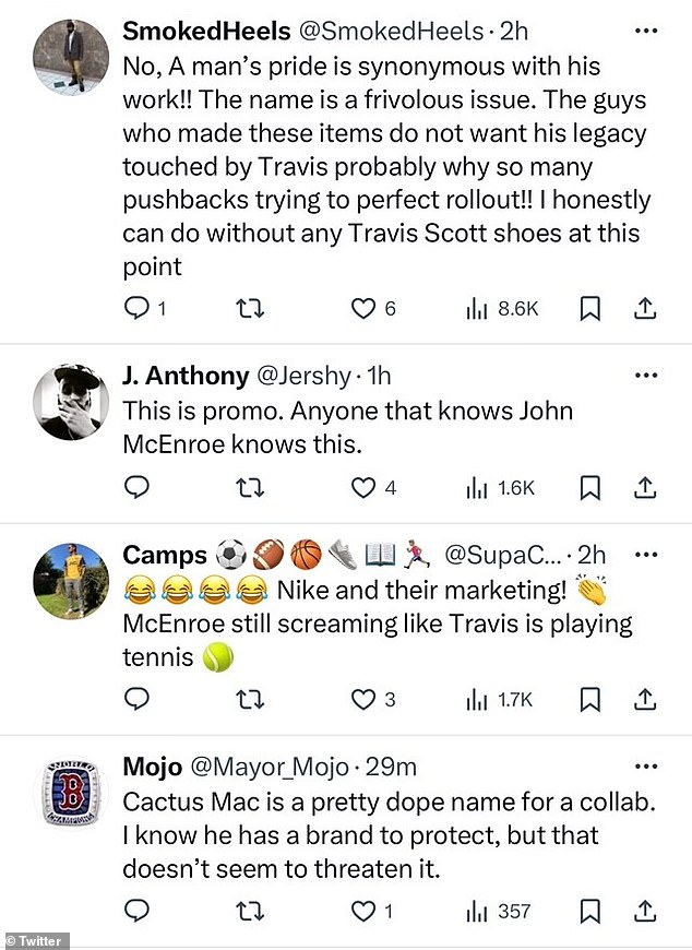 Another typed: 'This is promo.  Anyone who knows John McEnroe knows this,” and a follower added, “Nike and their marketing!  McEnroe still yells like Travis is playing tennis