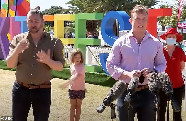 Covid press conferences could test the attention span of most adults, adding to that having to sit next to a kite festival as a child.  Pictured: Steven Miles (centre), daughter Bridie (centre) and Health Minister Yvette D'Ath (right)