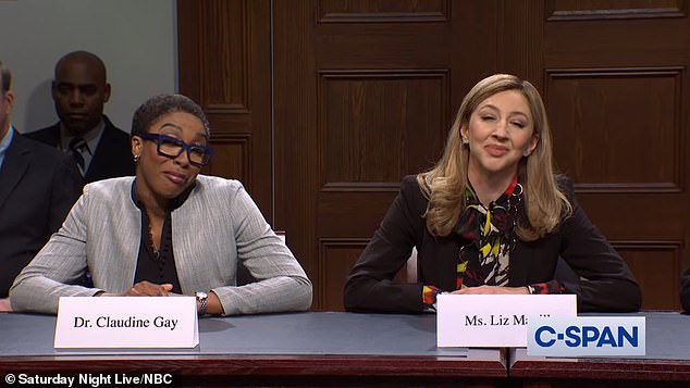 College presidents (Ego Nwodim, L, Chloe Fineman, R) answer questions from members of Congress about anti-Semitism on their campuses during SNL's cold open