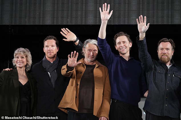 The Star Wars actor, 52, was joined on stage by Marvel stars Evangeline Lilly, Benedict Cumberbatch, Mads Mikkelsen and Tom Hiddleston