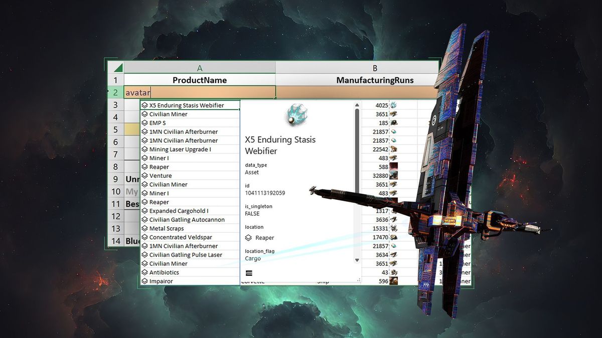 A futuristic spaceship flies towards a giant Excel spreadsheet in space