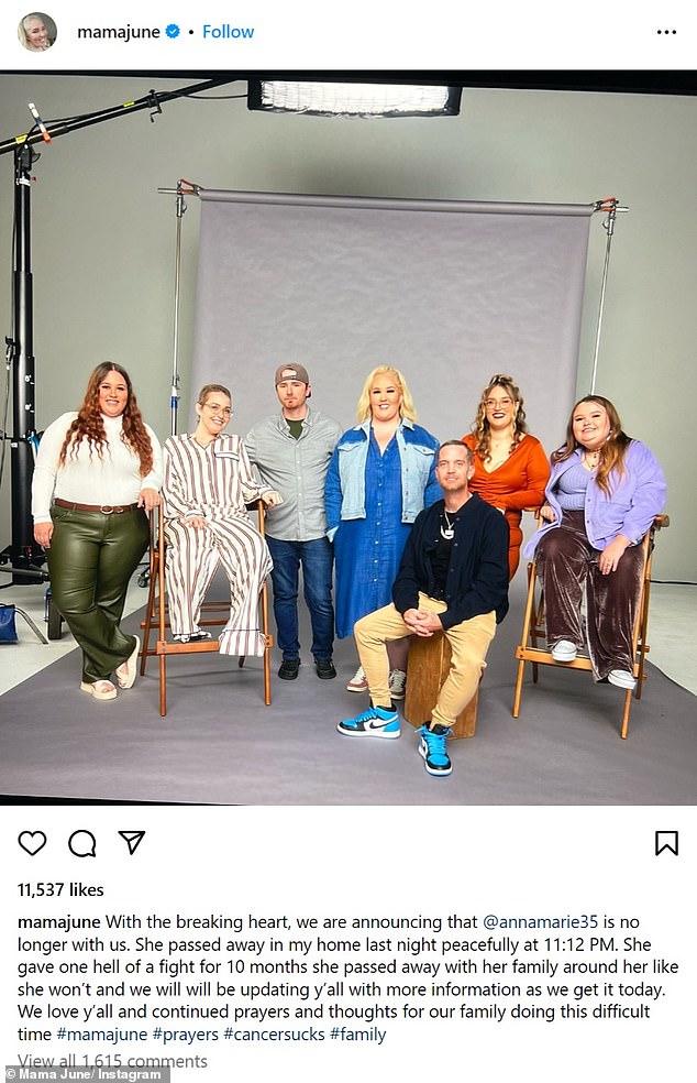 The caption included a photo of Mama June and her family, including Anna, who sported short hair during her cancer treatments