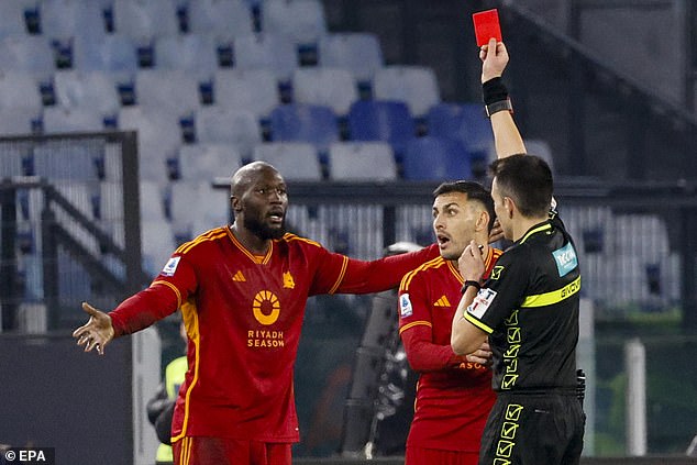 The striker was shown a straight red card as Roma were reduced to nine men in the match