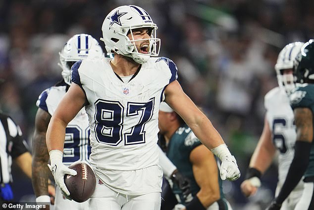 The Cowboys dominated the Eagles and won their 15th straight home game;  the photo shows Jake Ferguson