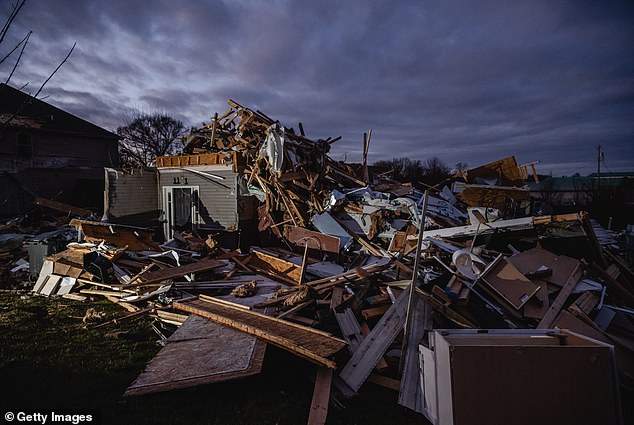 A destroyed home is seen in the aftermath of Saturday's tornado in Clarksville.  Multiple tornadoes were reported in northwest Tennessee