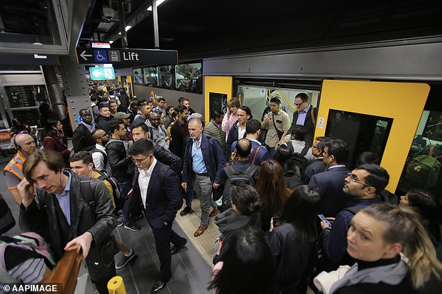 But even with this reduction, the Treasury now expects 1.625 million new migrants to move to Australia in the five years to June 2027 – significantly more than the 1.5 million level forecast in May (pictured is the train station from Sydney Town Hall during peak hours).