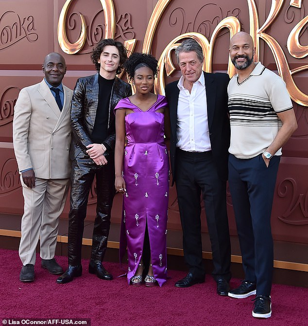 Grant also posed with co-stars Paterson Joseph, Timothee Chalamet, Calah Lane and Keegan Michael Key at the LA premiere