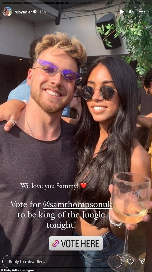 Ruby shared a look at the food and decorations at the bash, while also sharing a selfie as he wrote: 'We love you Sammy!  Vote for @samthompsonuk as King of the Jungle tonight!'