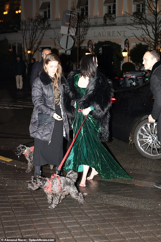 Eva got a helping hand from a friend as she stepped onto the sidewalk holding a dog's leash.