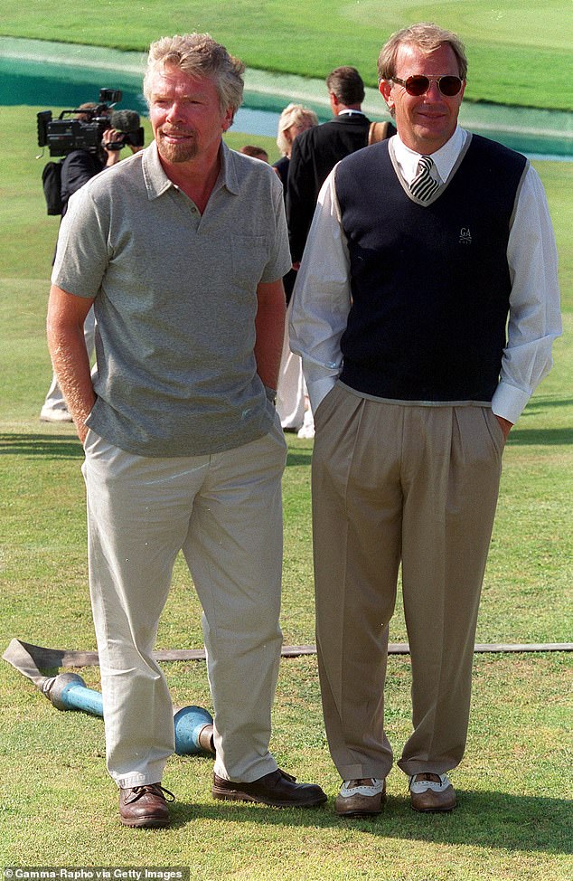 A source exclusively told DailyMail.com that Branson (pictured with Costner in 1999) invited the couple to his resort on Necker Island in the Caribbean.