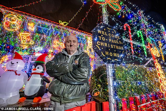 The full-time carer of his 36-year-old son Aaron - who helps him with the 45-minute task of blowing up the inflatable props every morning - is raising money for Essex & Herts Air Ambulance