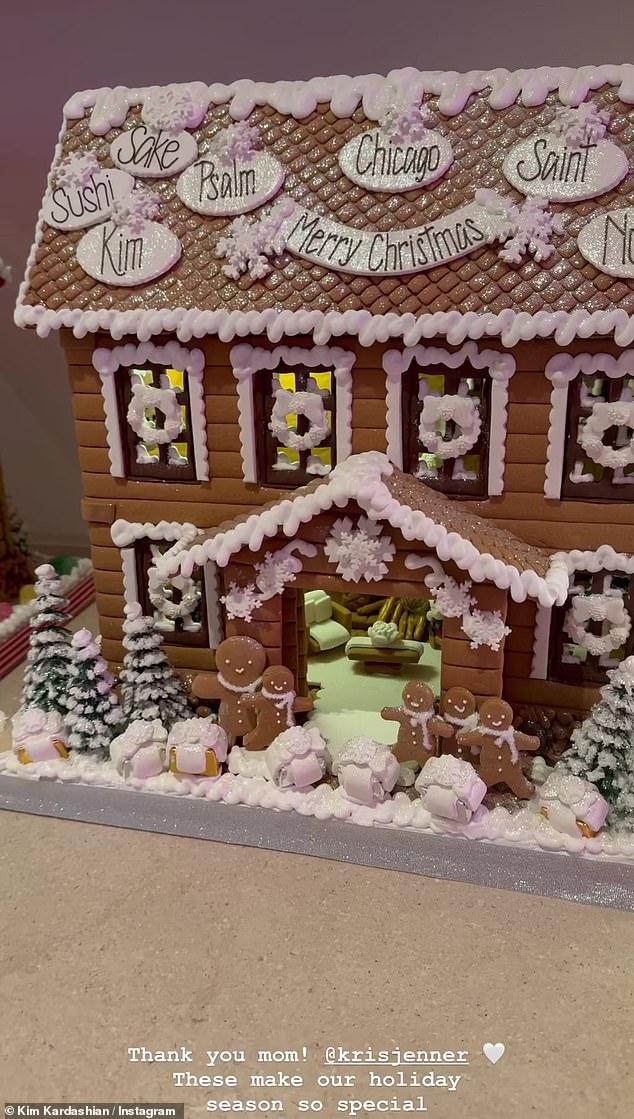 His ex Kim Kardashian shared clips showing off their four children's gingerbread houses, with names of family members