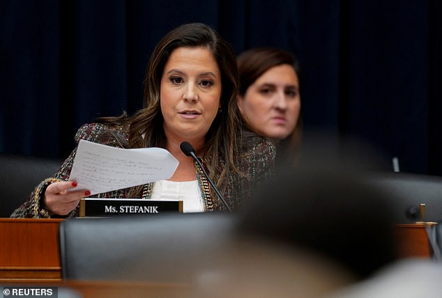 The real Elise Stefanik (pictured) celebrated Magill's resignation on Saturday by sharing a message that began: 'One less.  Two to go'