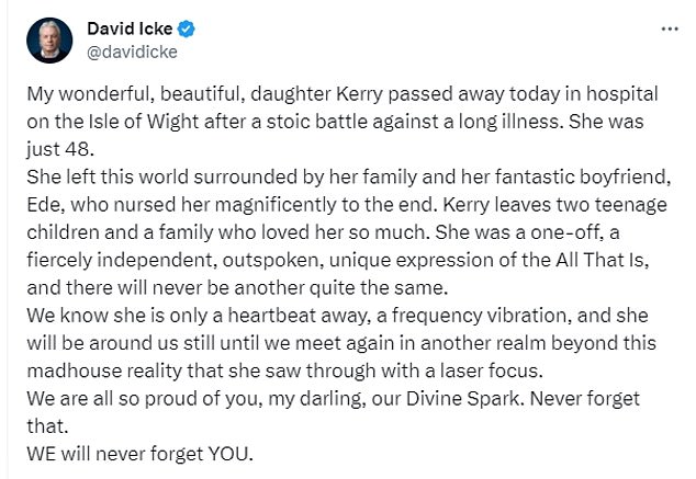 Icke's tweet, in which he promised to meet his daughter 