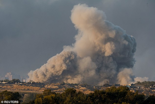 Smoke rises in the central Gaza Strip after an airstrike as Israel continues its bombing campaign