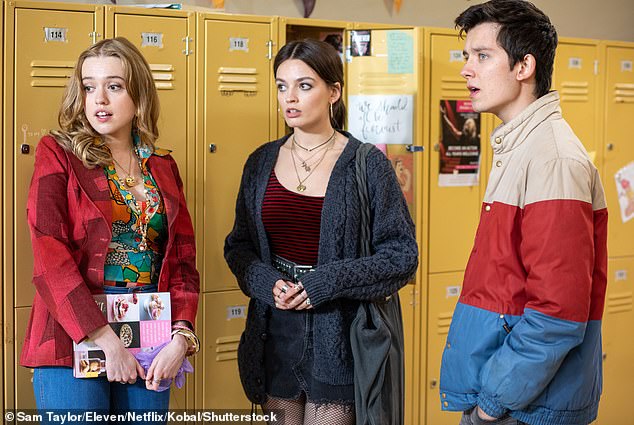 The 29-year-old actress became a fan favorite role in the comedy-drama series alongside X-Files sensation Gillian Anderson, Doctor Who's leading star Ncuti Gatwa and Barbie actress Emma Mackey (pictured with Emma and Asa Butterfield)
