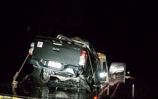 The P-plater driver, a 17-year-old boy, was rushed to Flinders Medical Center along with three other passengers – a 16-year-old boy and two 15-year-old girls (pictured, the crash scene)