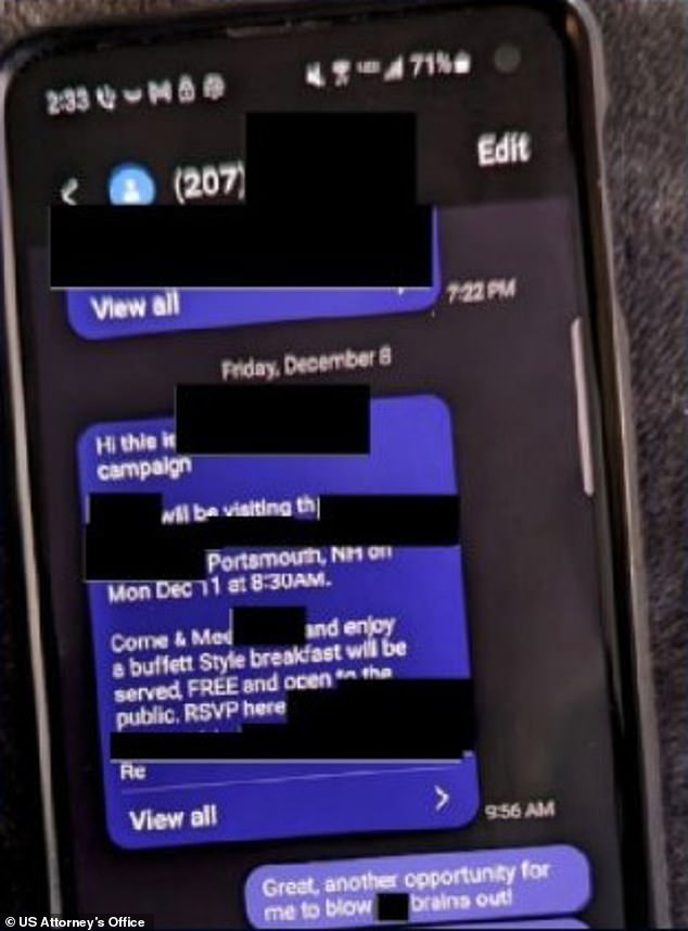 Tyler Anderson, 30, sent two messages in response to a campaign text previewing Monday's stop in New Hampshire.  He said the event was 