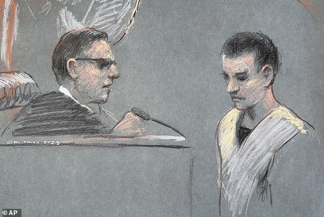 An artist's depiction shows Massachusetts Air National Guardsman Teixeira, right, appearing in US District Court in Boston