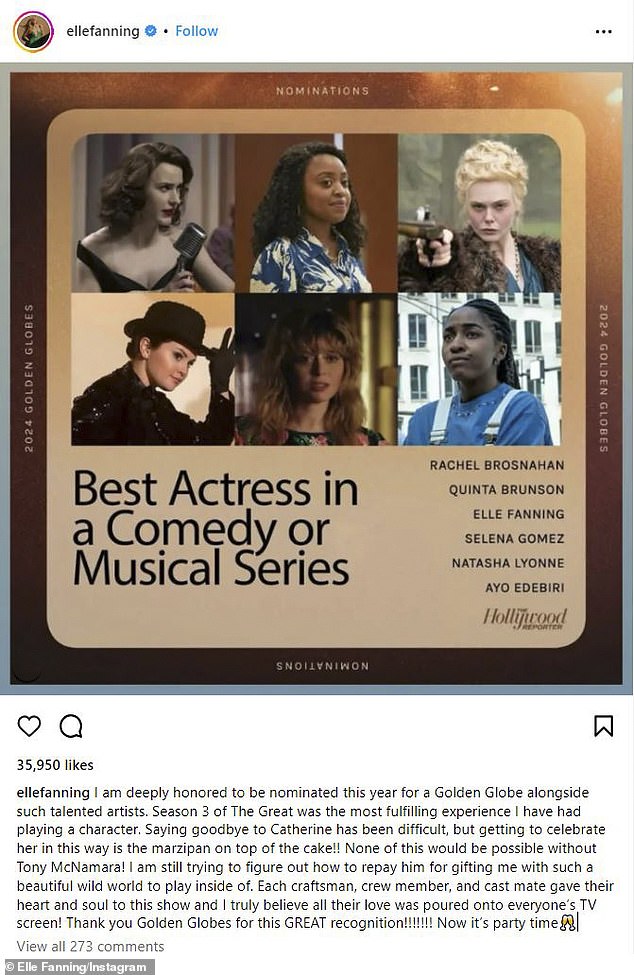 On Monday morning, Elle took to Instagram to express her gratitude after being nominated for a Golden Globe (Best Performance by a Female Actor in a Television Series – Musical or Comedy) for her role in The Great