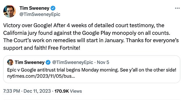 'Victory over Google!'  Epic CEO Tim Sweeney wrote in a post on X. Epic Games called the verdict 