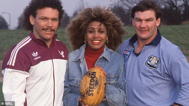 Cliff Lyons (pictured left) and Gavin Miller (right) with Tina Turner during a promotional tour in Australia, with the late singer performing at the NRL grand final