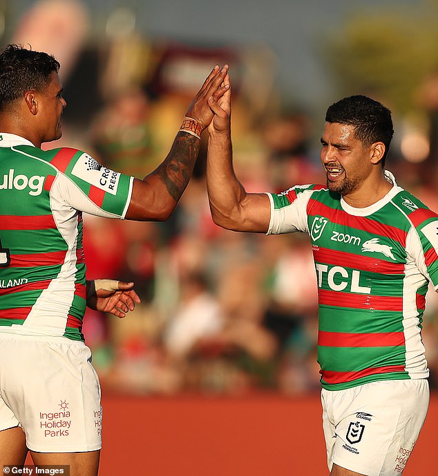 Clarke is a good friend of Souths star Latrell Mitchell (pictured left with teammate Cody Walker) which is why he chose the Bunnies for training