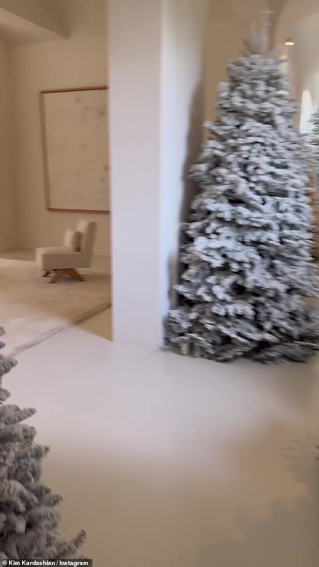 It wasn't clear from the clip whether the trees were well-made fakes, or whether Kim had installed live trees in the house and frozen them to make them look snowy.