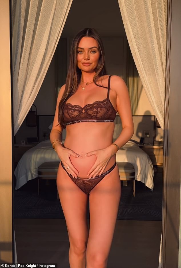 Last week, Kendall posed up a storm and showed off her growing baby bump in a brown lace lingerie set from Lounge as she revealed she is '7 months' pregnant
