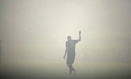 Los Angeles FC defender Giorgio Chiellini gestures amid smoke during the Western Conference finals of the MLS play-off.