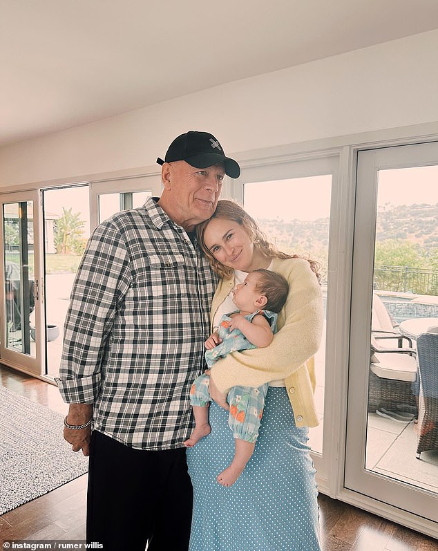 Bruce became a grandfather for the first time when his eldest welcomed daughter Louetta (pictured with Rumer and Louetta) in April